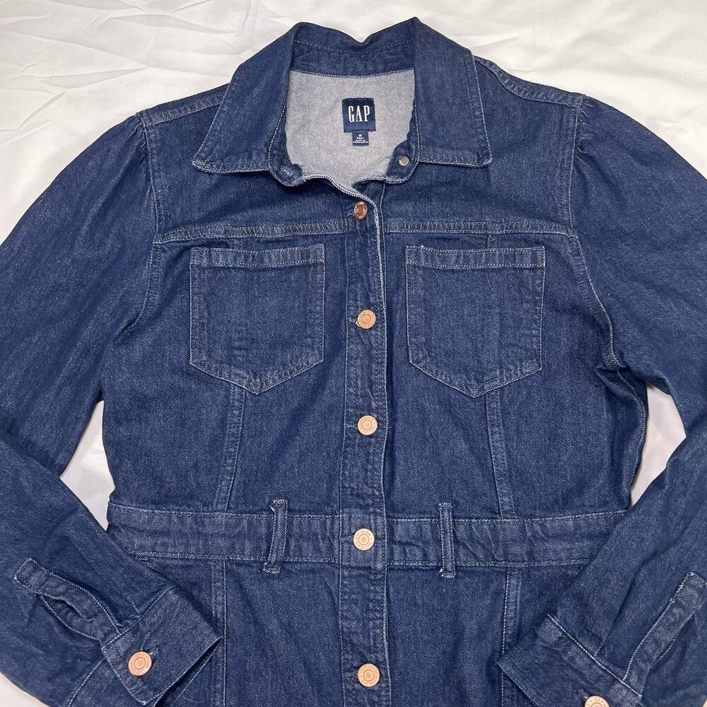 Gap Denim Dress Size M Tall Blue Dark Wash Puff Sleeves Button Pockets Western - Picture 5 of 12